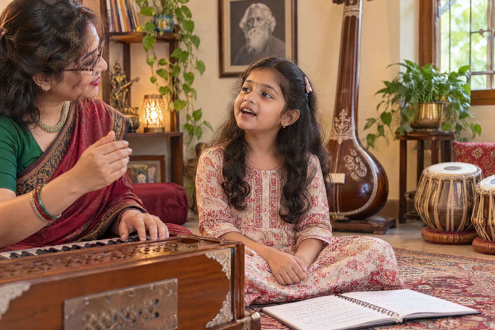 A young girl singing beside her teacher at the harmonium during a children’s class