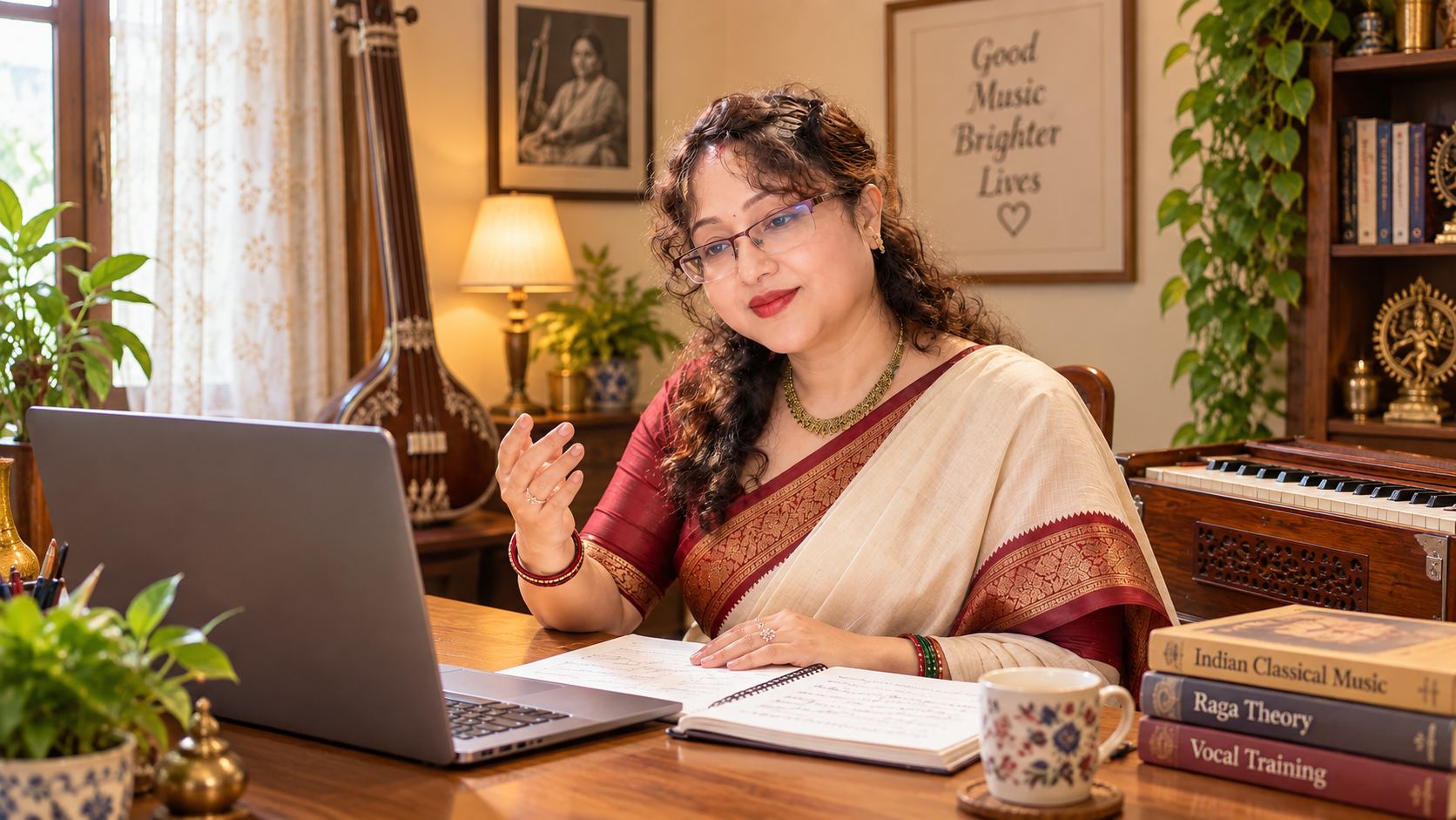 The teacher taking an online singing class by laptop from her music room